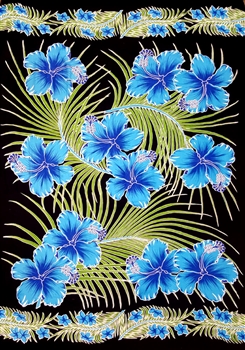 Black with Green Palm Leaves and Blue Hibiscus Flowers