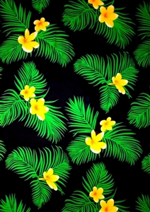 Black Sarong with Green Palm Leaves and Yellow Plumeria Flowers
