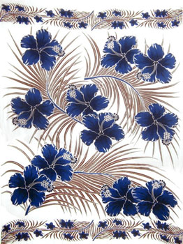 White with Brown Palm Leaves and Blue Hibiscus Flowers