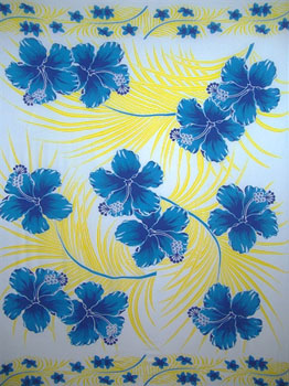 Light Blue with Yellow Palm Leaves and Blue Hibiscus Flowers