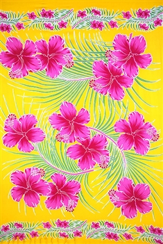 Yellow with Pink Hibiscus and Green Palm Leaves