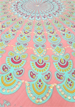 Mandala Sarong - Rose With Turquoise and Golden Sequins