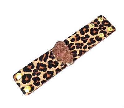 Cheetah Print Leather Bracelet with Druzy Stone