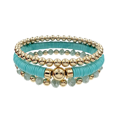 Teal Rubber, Crystal, and Gold Beaded Set of 3 Stretch Bracelet