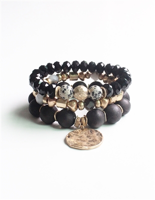 Set of Three Black, Gold, and Natural Stone Stretch Bracelet