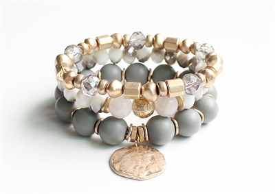Set of Three Grey, Gold, and Natural Stone Stretch Bracelet