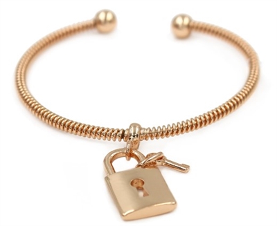 Gold Cuff Bracelet with Lock and Key Charm