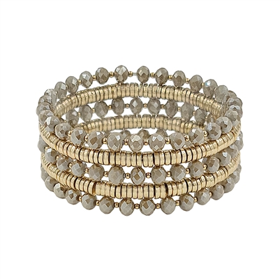 Set of 5 Gold and Light Mocha Crystal Stretch Bracelets