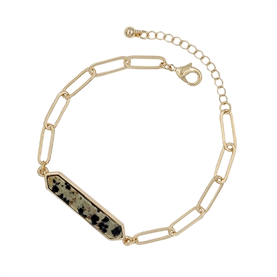 Dalmatian Natural Stone Bar on Gold Link Bracelet and Clasp Extender