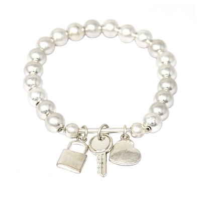 Silver Beaded Stretch Bracelet with Silver Locket, Key, and Heart Charms
