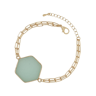 Gold Link Bracelet with Mint Natural Stone Hexagon Bracelet