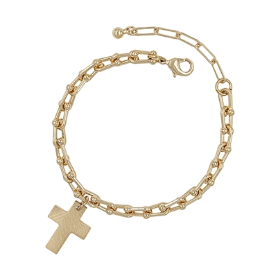 Gold Link Bracelet with Matte Gold Cross Charm