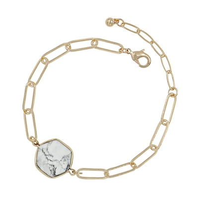 Gold Open Chain with White Natural Hexagon 7.5" Bracelet