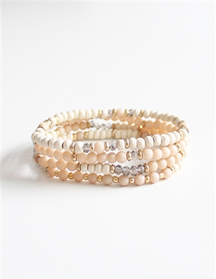Peach Natural Stone and Cream Wood Beaded Set of 4 Stretch Bracelet