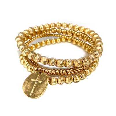 Gold Beaded Set of Three Stretch Bracelets with Cross Charm