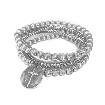 Silver Beaded Set of Three Stretch Bracelets with Cross Charm