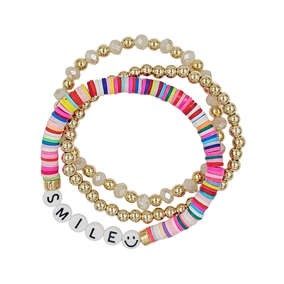 Multi Rubber and Crystal "SMILE" Set of Three Stretch Bracelets