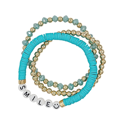 Teal Rubber and Crystal "SMILE" Set of Three Stretch Bracelets
