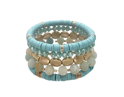 Teal Rubber, Natural Stone, and Gold Set of 5 Stretch Bracelet