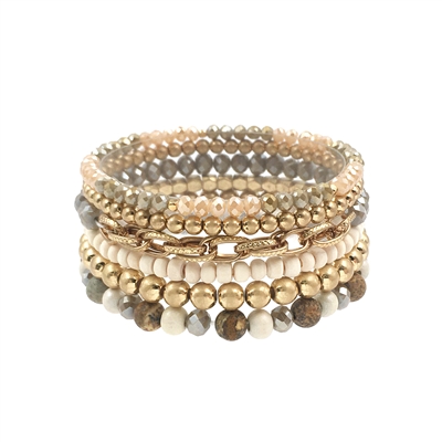 Brown/Tan Crystal, Natural Stone, and Gold Set of 6 Stretch Bracelet