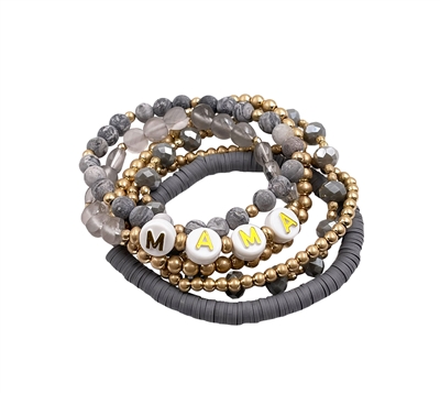MAMA Grey Crystal, Rubber, Natural Stone, and Gold Set of 5 Stretch Bracelet
