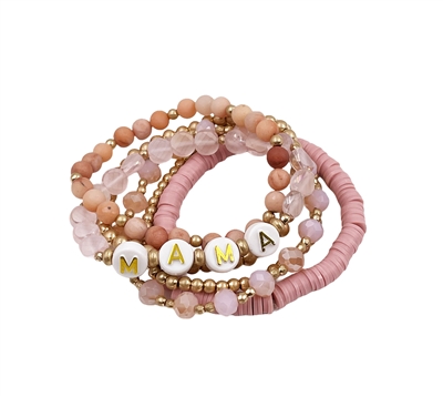 MAMA Blush Pink Crystal, Rubber, Natural Stone, and Gold Set of 5 Stretch Bracelet