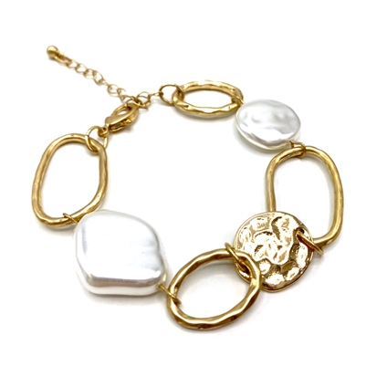 Worn Gold Link and Pearl 7.5"-8" Bracelet