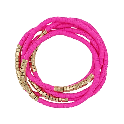 Hot Pink Rubber and Gold Set of 5 Stretch Bracelets