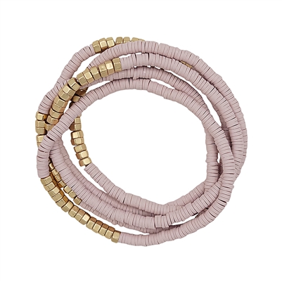 Blush Pink Rubber and Gold Set of 5 Stretch Bracelets