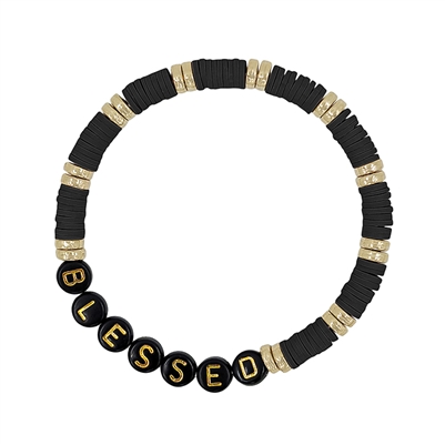 Black Rubber and Gold Beaded "BLESSED" Stretch Bracelet