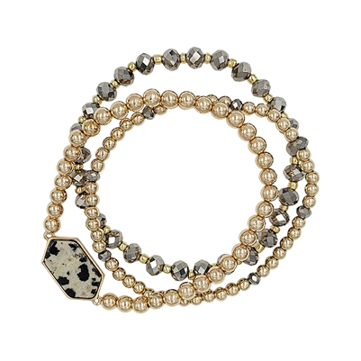 Grey Crystal, Gold Beaded, and Dalmatian Natural Stone Set of 3 Stretch Bracelet
