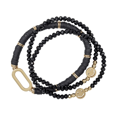 Black Crystal, Smile, and Rubber Set of 3 Stretch Bracelet