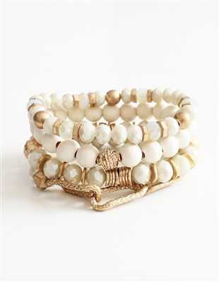 White Crystal, Wood, and Gold Chain Set of 4 Stretch Bracelets