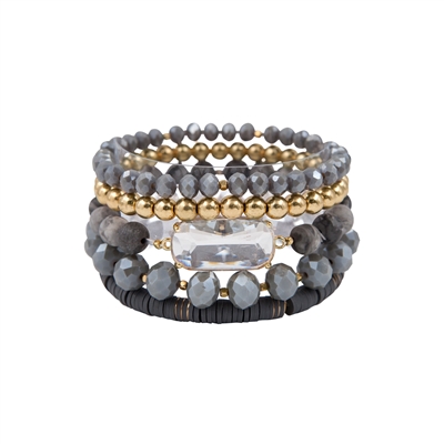 Grey Crystal, Natural Stone, and Gold Set of 5 Stretch Bracelets