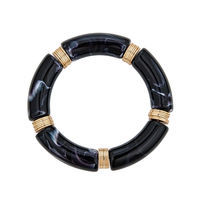 Black Acrylic Bamboo and Gold Stretch Bracelet