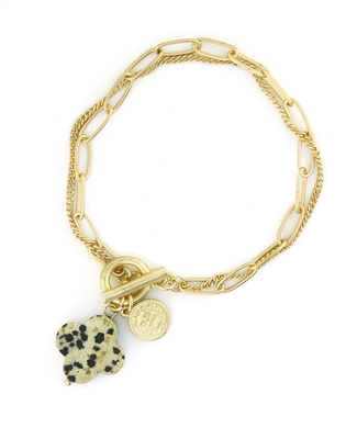 Gold Layered Chain with Dalmatian Natural Stone and Coin Charm, 7 1/2"