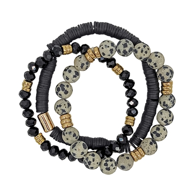 Dalmatian Natural Stone, Crystal, and Rubber Set of 3 Stretch Bracelets