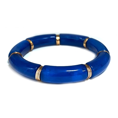 Deep Blue Acrylic Bamboo and Gold Stretch Bracelet