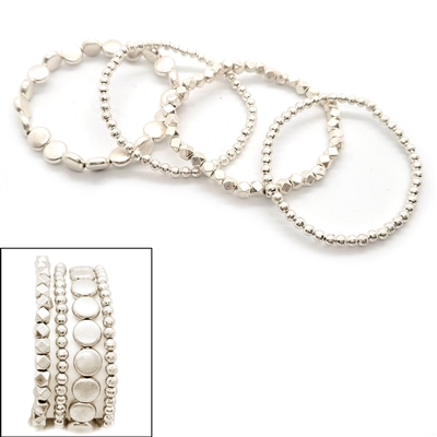 Worn Silver Beaded Set of 4 Stretch Bracelets