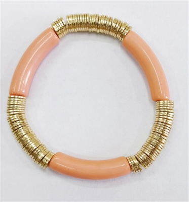 Orange  Bamboo Acrylic and Gold Disc Stretch Bracelet