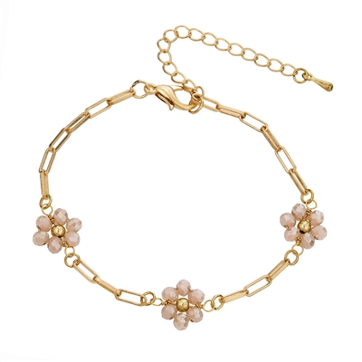Gold Link Chain with Pink Crystal Beaded Flower Bracelet