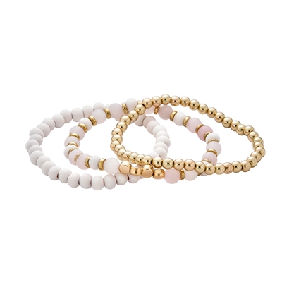 White, Pink Natural Stone, and Gold Set of 3 Stretch Bracelet
