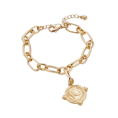 Matte Gold Chain Link Bracelet with Coin Charm