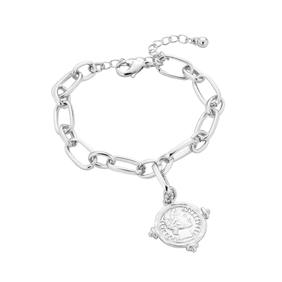 Matte Silver Chain Link Bracelet with Coin Charm