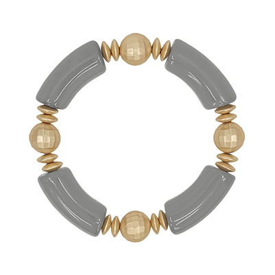 Light Grey Acrylic Bamboo and Gold Beaded Stretch Bracelet