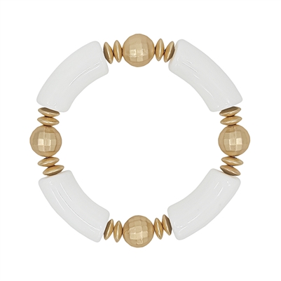 White Acrylic Bamboo and Gold Beaded Stretch Bracelet