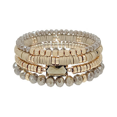 Light Mocha/Brown Crystal, Clay, and Gold Set of 4 Stretch Bracelets
