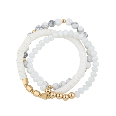 White Natural Stone, Crystal, and Rubber Set of 3 Stretch Bracelet