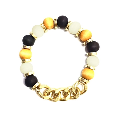 Black, Natural, and Brown Multi Wood and Gold Chain Stretch Bracelet