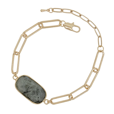 Grey Oval Natural Stone on Gold Link Chain Bracelet